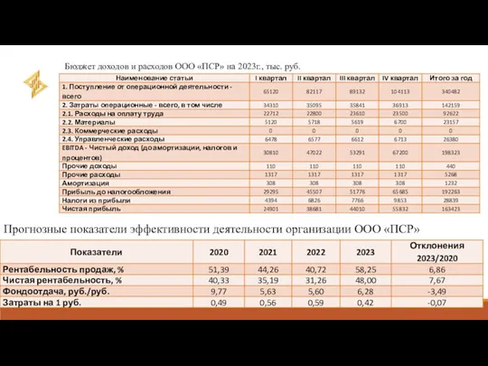 Прогнозные показатели эффективности деятельности организации ООО «ПСР» Бюджет доходов и