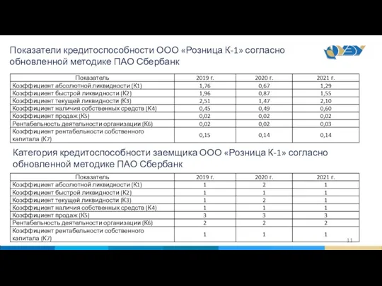 Показатели кредитоспособности ООО «Розница К-1» согласно обновленной методике ПАО Сбербанк