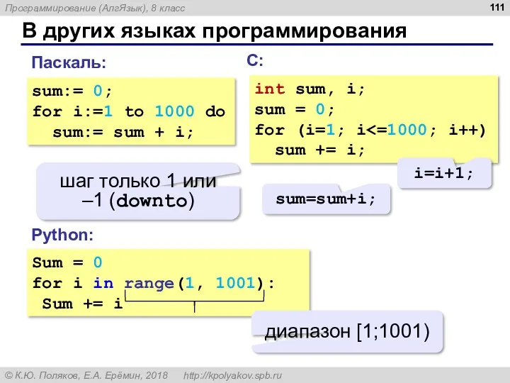 В других языках программирования Sum = 0 for i in