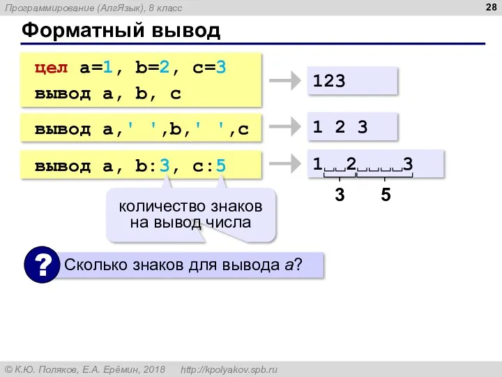 Форматный вывод цел a=1, b=2, c=3 вывод a, b, c