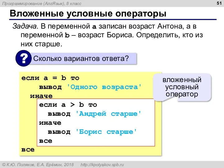 Вложенные условные операторы Задача. В переменной a записан возраст Антона,