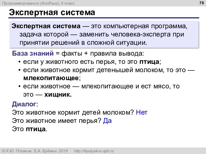 Экспертная система Экспертная система — это компьютерная программа, задача которой