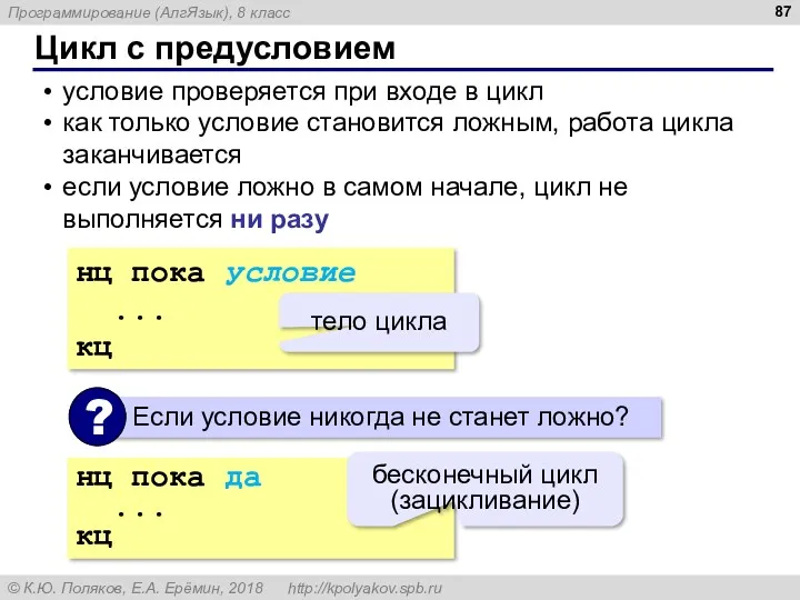 Цикл с предусловием условие проверяется при входе в цикл как