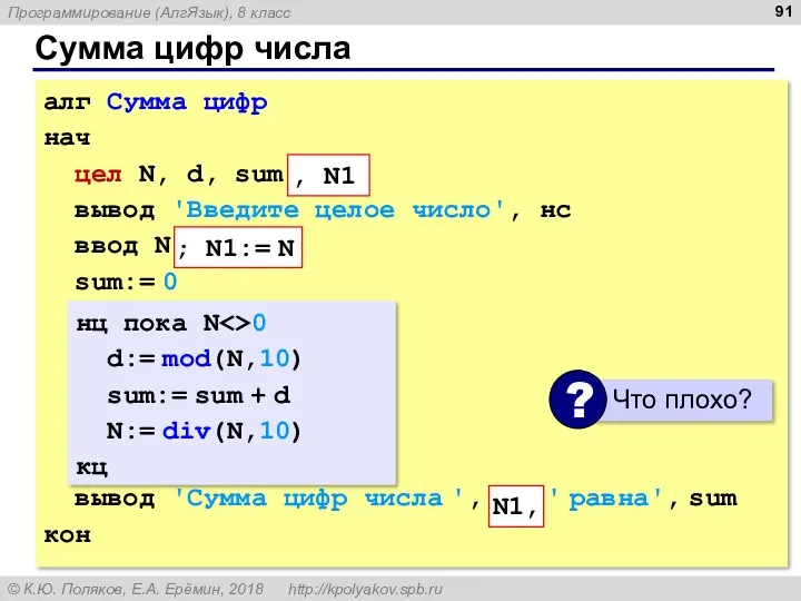 Сумма цифр числа алг Сумма цифр нач цел N, d,