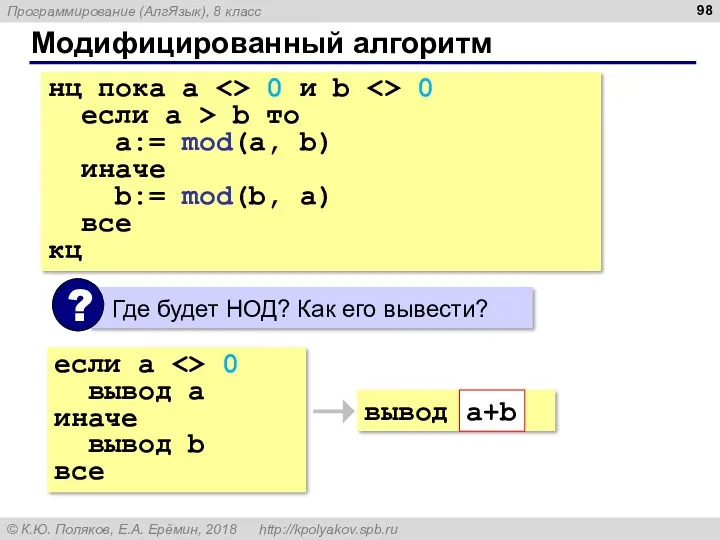 Модифицированный алгоритм нц пока a 0 и b 0 если