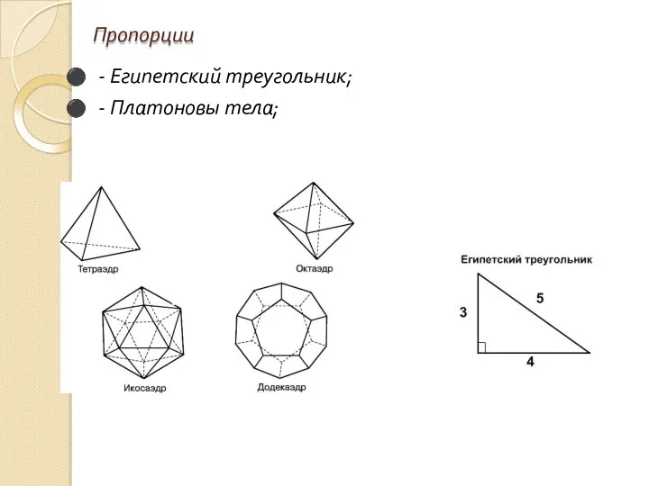 Пропорции - Египетский треугольник; - Платоновы тела;