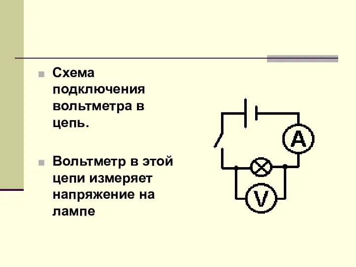 Схема подключения вольтметра в цепь. Вольтметр в этой цепи измеряет напряжение на лампе