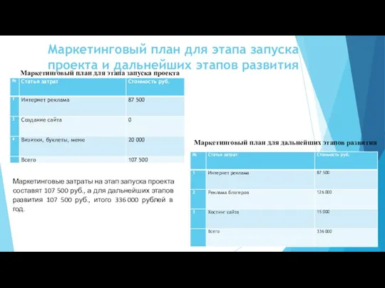 Маркетинговый план для этапа запуска проекта и дальнейших этапов развития