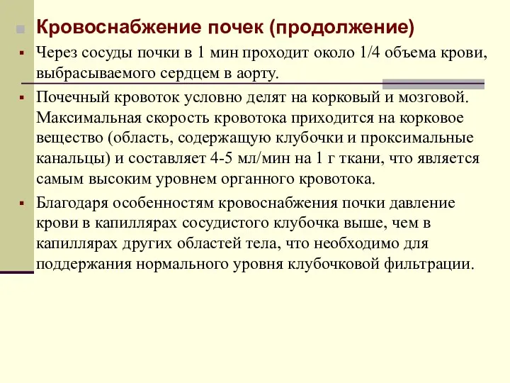 Кровоснабжение почек (продолжение) Через сосуды почки в 1 мин проходит