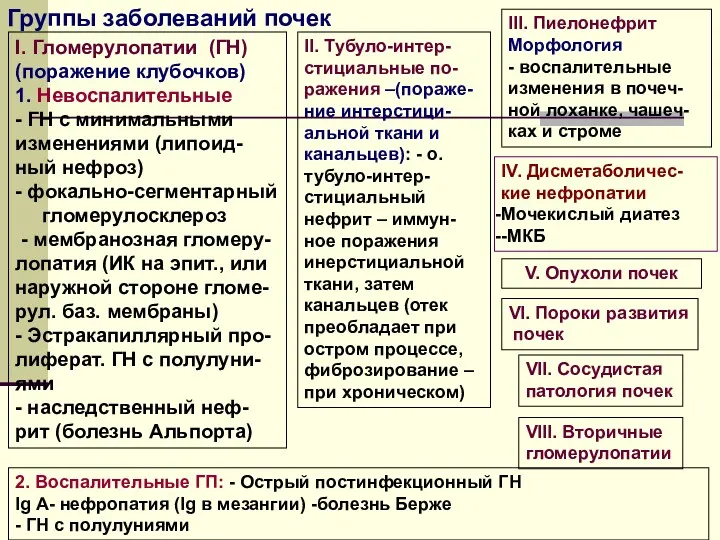 Группы заболеваний почек I. Гломерулопатии (ГН) (поражение клубочков) 1. Невоспалительные