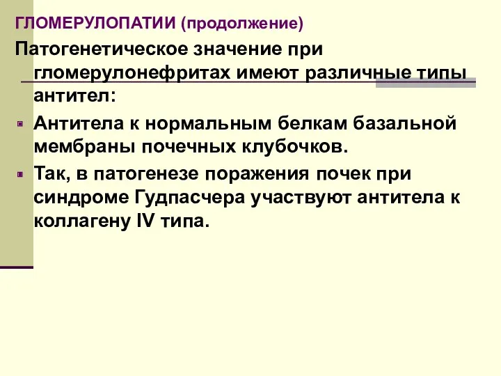 ГЛОМЕРУЛОПАТИИ (продолжение) Патогенетическое значение при гломерулонефритах имеют различные типы антител: