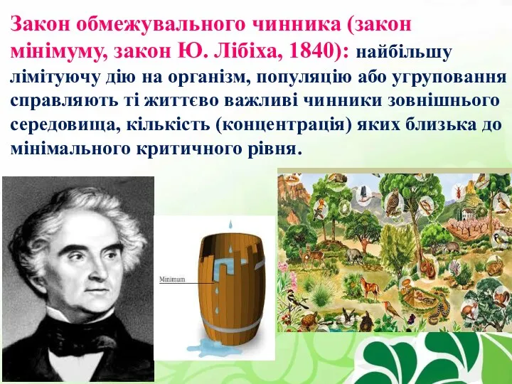 Закон обмежувального чинника (закон мінімуму, закон Ю. Лібіха, 1840): найбільшу