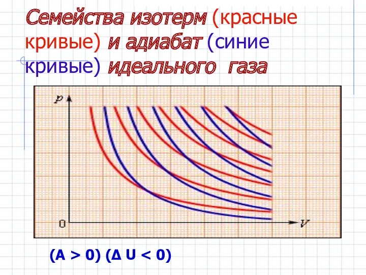 Семейства изотерм (красные кривые) и адиабат (синие кривые) идеального газа (A > 0) (Δ U
