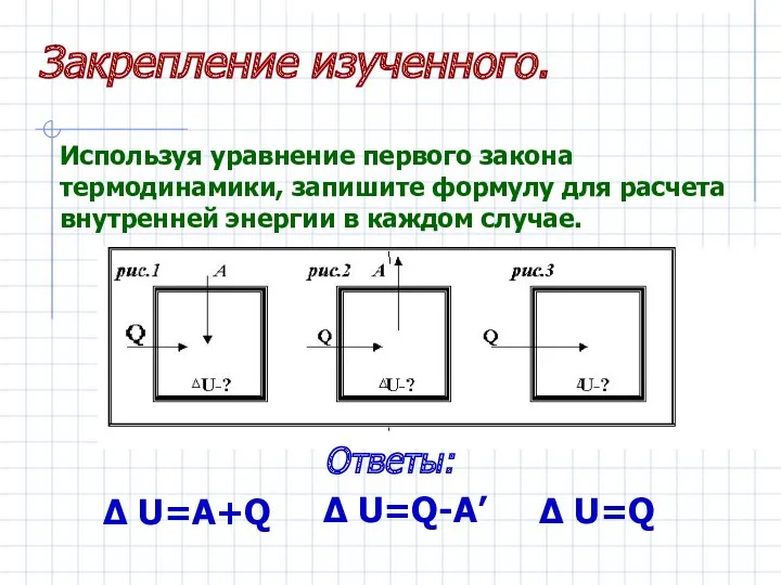 Δ U=A+Q Δ U=Q Δ U=Q-A’ Используя уравнение первого закона термодинамики, запишите формулу