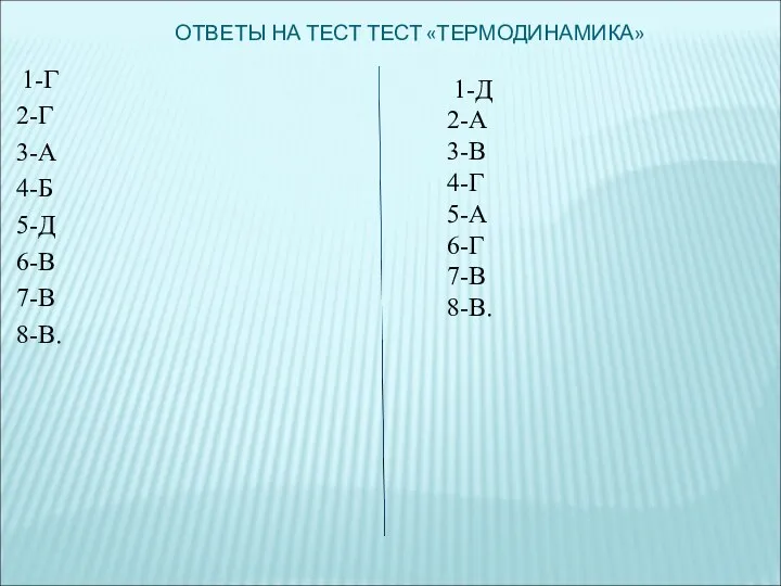 ОТВЕТЫ НА ТЕСТ ТЕСТ «ТЕРМОДИНАМИКА» 1-Г 2-Г 3-А 4-Б 5-Д 6-В 7-В 8-В.