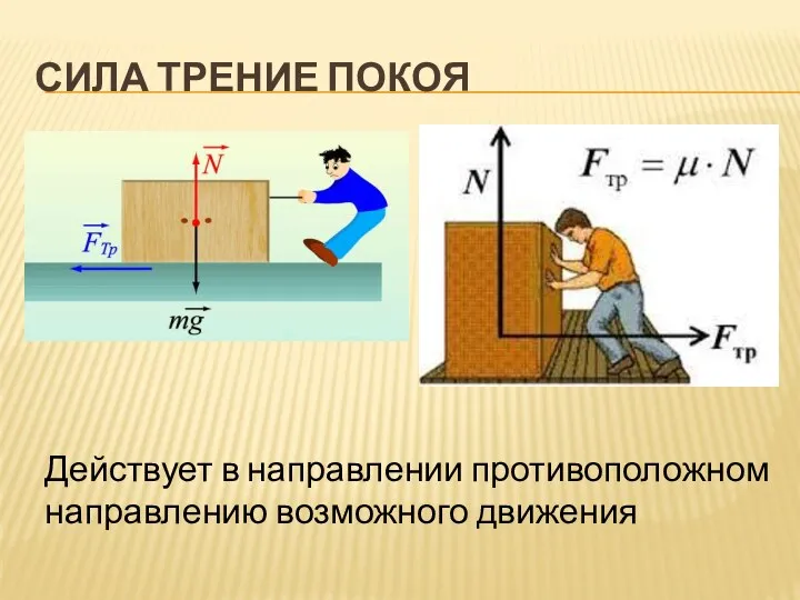 СИЛА ТРЕНИЕ ПОКОЯ Действует в направлении противоположном направлению возможного движения