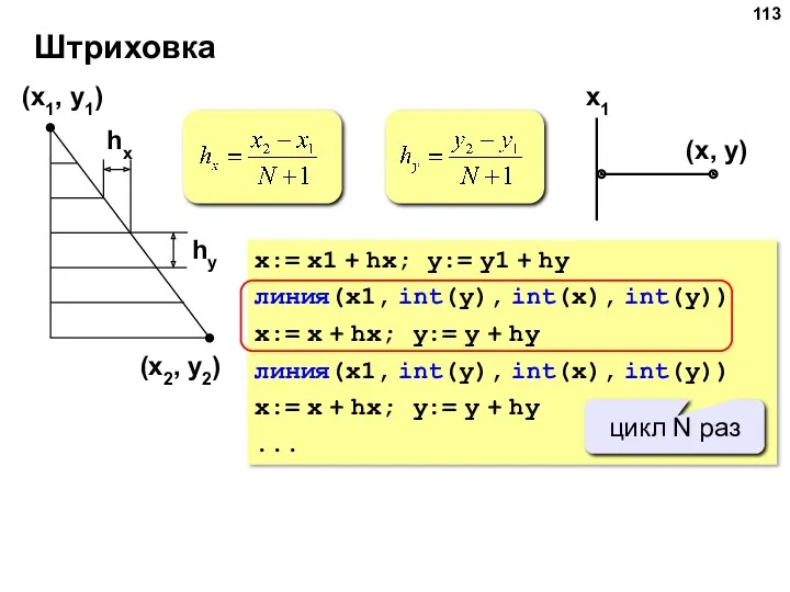 Штриховка (x1, y1) (x2, y2) hx hy x:= x1 +