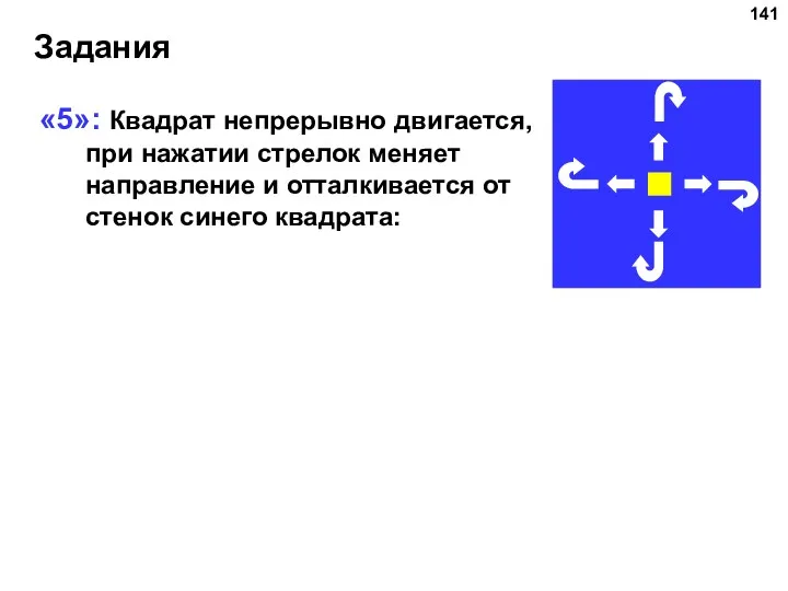 Задания «5»: Квадрат непрерывно двигается, при нажатии стрелок меняет направление и отталкивается от стенок синего квадрата: