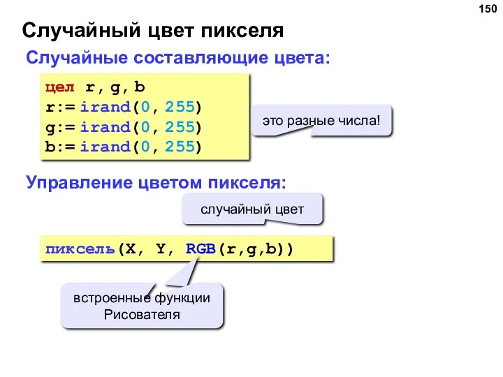 Случайный цвет пикселя цел r, g, b r:= irand(0, 255)