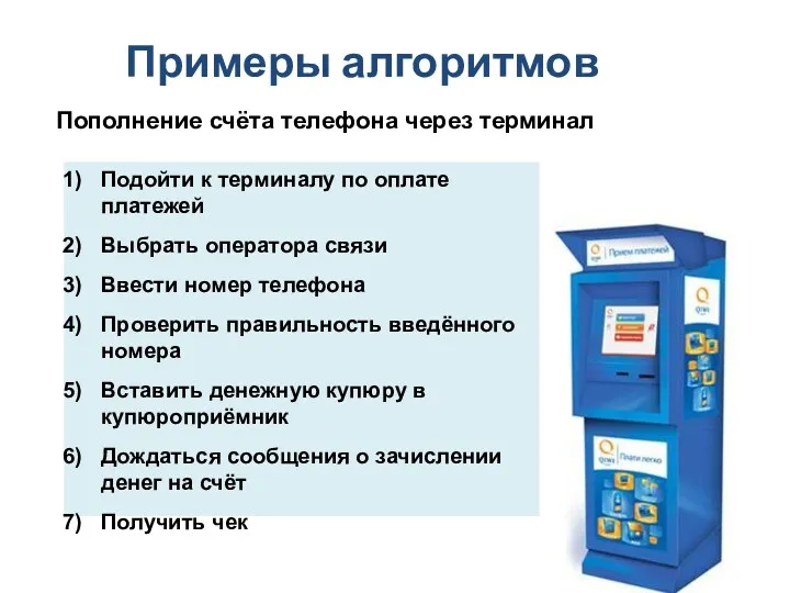 Примеры алгоритмов Пополнение счёта телефона через терминал Подойти к терминалу