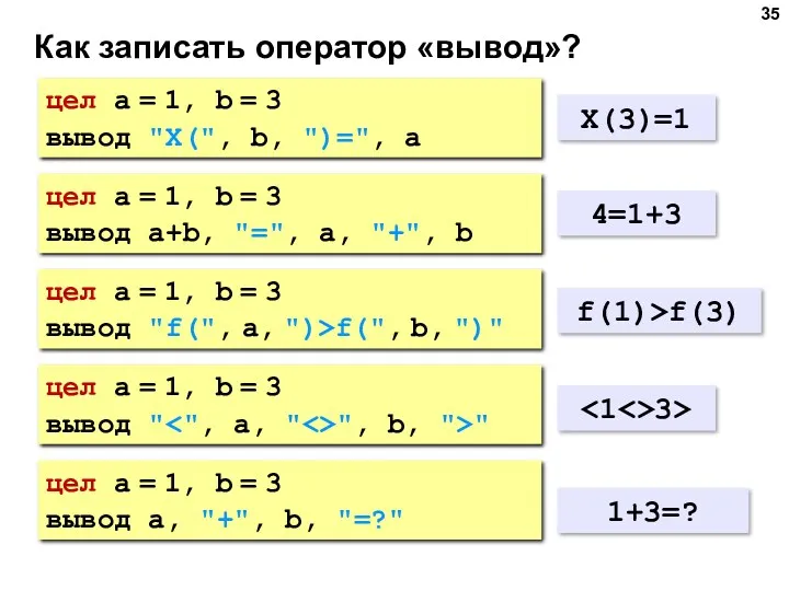 Как записать оператор «вывод»? цел a = 1, b =