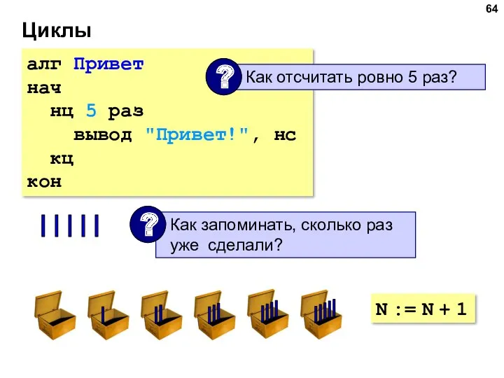 Циклы алг Привет нач нц 5 раз вывод "Привет!", нс