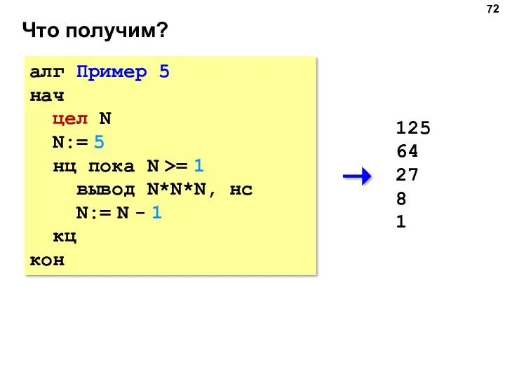 Что получим? алг Пример 5 нач цел N N:= 5