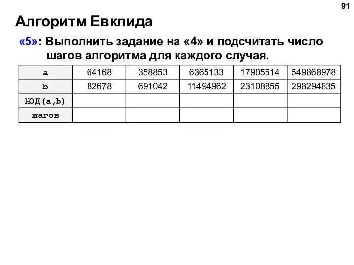 Алгоритм Евклида «5»: Выполнить задание на «4» и подсчитать число шагов алгоритма для каждого случая.