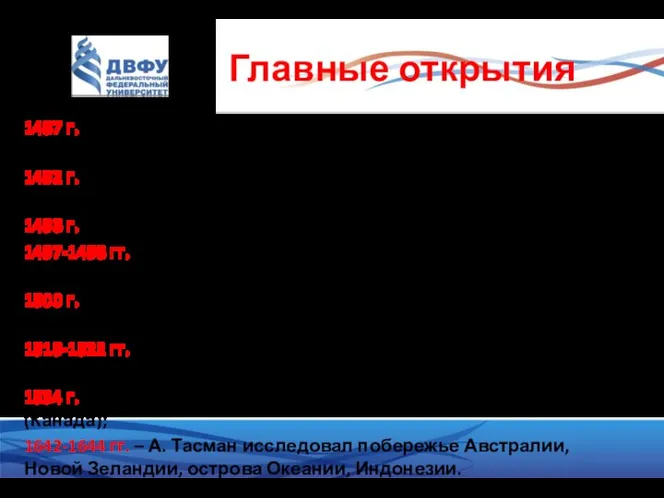 Главные открытия 1487 г. – Б. Диаш обогнул южную оконечность