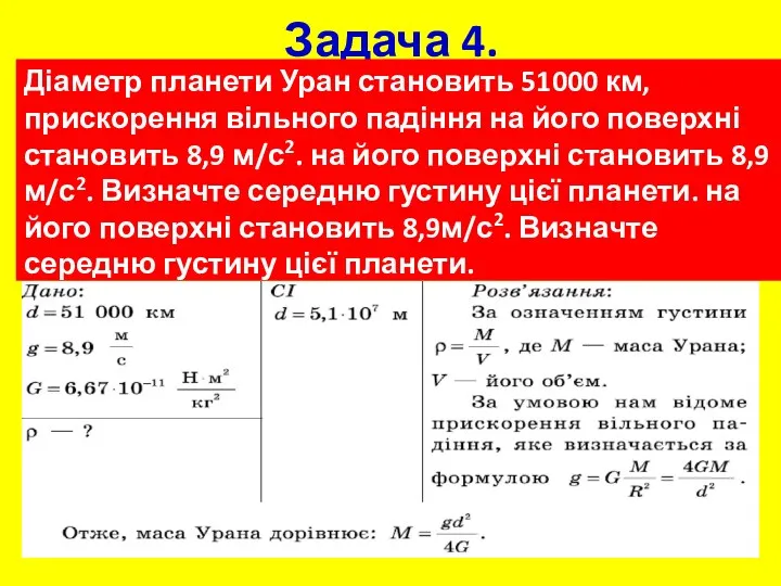 Задача 4. Діаметр планети Уран становить 51000 км, прискорення вільного