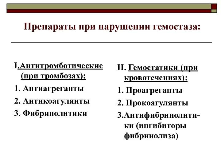 Препараты при нарушении гемостаза: I.Антитромботические(при тромбозах): 1. Антиагреганты 2. Антикоагулянты