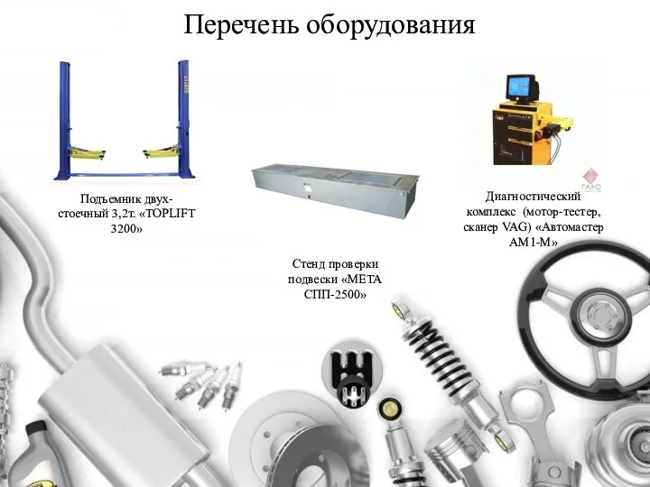 Перечень оборудования Диагностический комплекс (мотор-тестер, сканер VAG) «Автомастер АМ1-М» Стенд