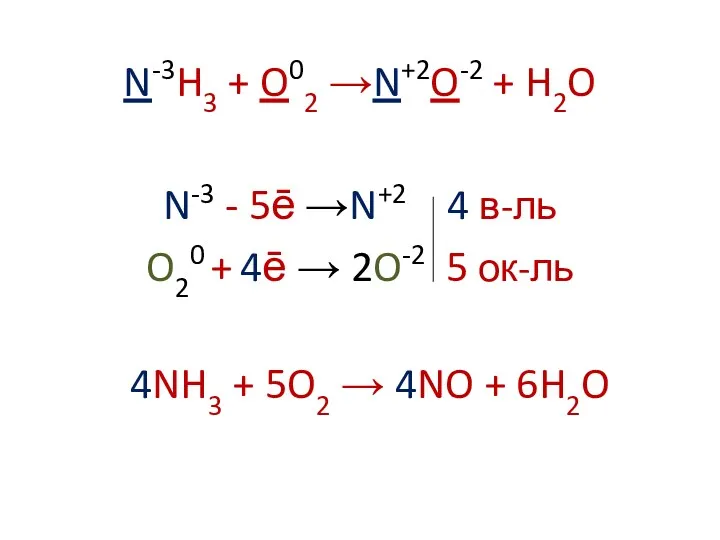 N-3H3 + O02 →N+2O-2 + H2O N-3 - 5ē →N+2