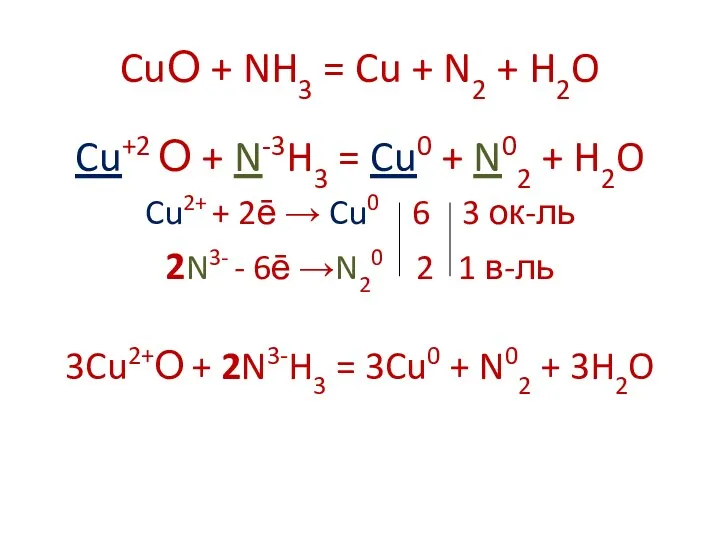 CuО + NH3 = Cu + N2 + H2O Cu+2