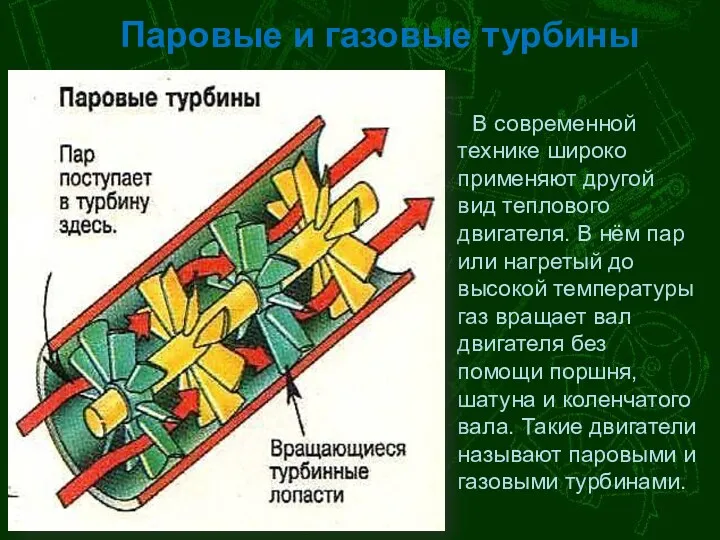 В современной технике широко применяют другой вид теплового двигателя. В