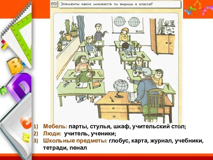 Мебель: парты, стулья, шкаф, учительский стол; Люди: учитель, ученики; Школьные