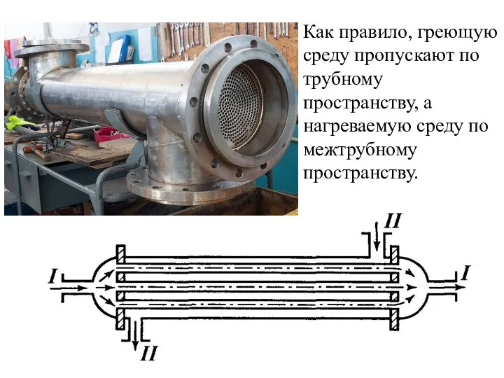 Как правило, греющую среду пропускают по трубному пространству, а нагреваемую среду по межтрубному пространству.