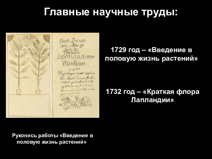 Главные научные труды: 1729 год – «Введение в половую жизнь растений» Рукопись работы