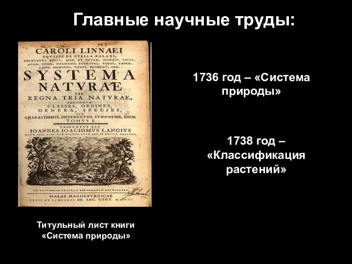 Главные научные труды: 1736 год – «Система природы» Титульный лист книги «Система природы»