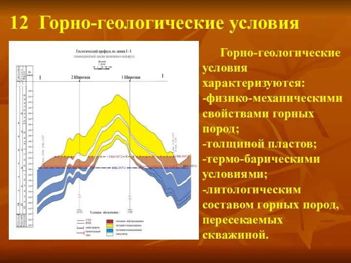 12 Горно-геологические условия Горно-геологические условия характеризуются: -физико-механическими свойствами горных пород;