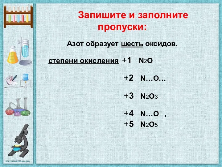 Запишите и заполните пропуски: Азот образует шесть оксидов. степени окисления