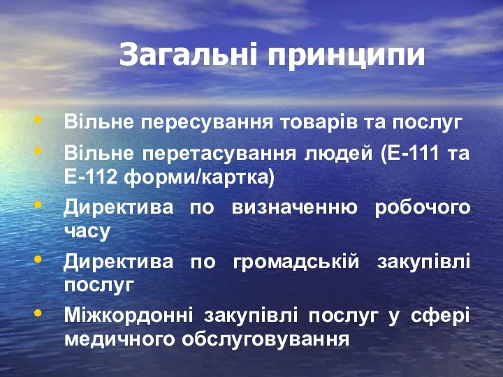 Загальні принципи Вільне пересування товарів та послуг Вільне перетасування людей