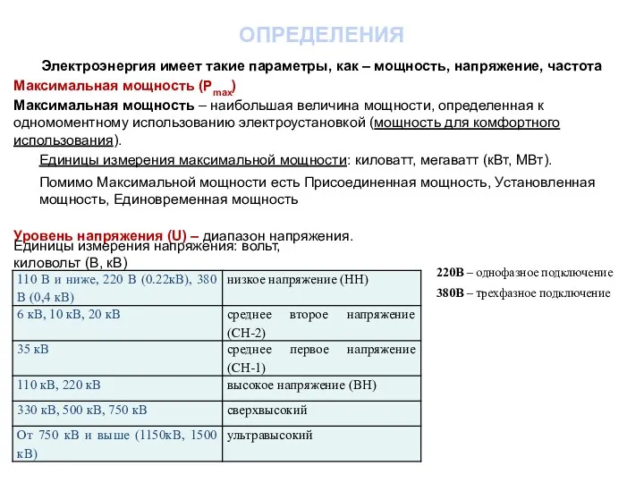 ОПРЕДЕЛЕНИЯ Электроэнергия имеет такие параметры, как – мощность, напряжение, частота