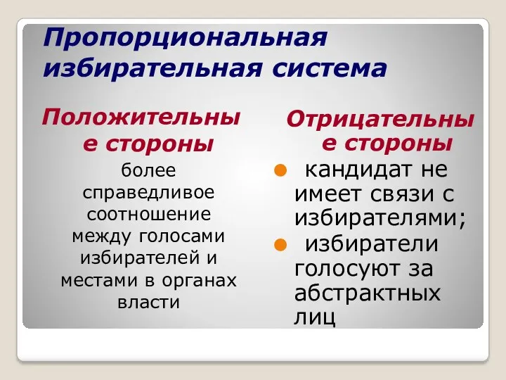 Пропорциональная избирательная система Положительные стороны более справедливое соотношение между голосами