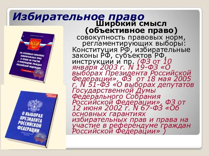 Избирательное право Широкий смысл (объективное право) совокупность правовых норм, регламентирующих