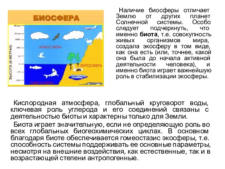 Наличие биосферы отличает Землю от других планет Солнечной системы. Особо