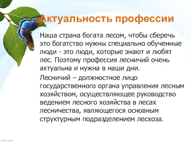 Актуальность профессии Наша страна богата лесом, чтобы сберечь это богатство