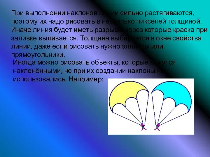 При выполнении наклонов линии сильно растягиваются, поэтому их надо рисовать