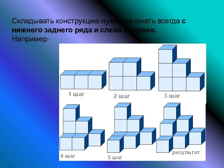 Складывать конструкцию нужно начинать всегда с нижнего заднего ряда и слева направо. Например: