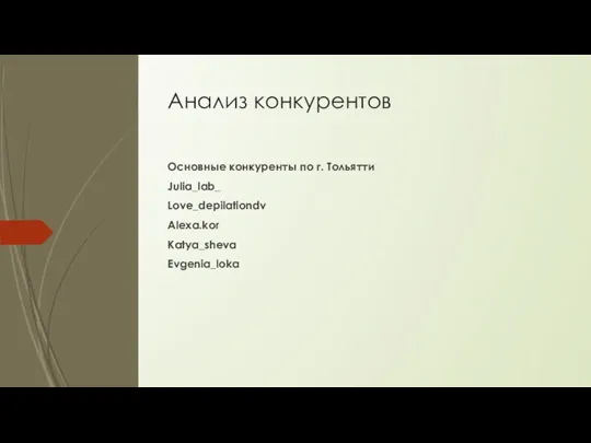 Анализ конкурентов Основные конкуренты по г. Тольятти Julia_lab_ Love_depilationdv Alexa.kor Katya_sheva Evgenia_loka